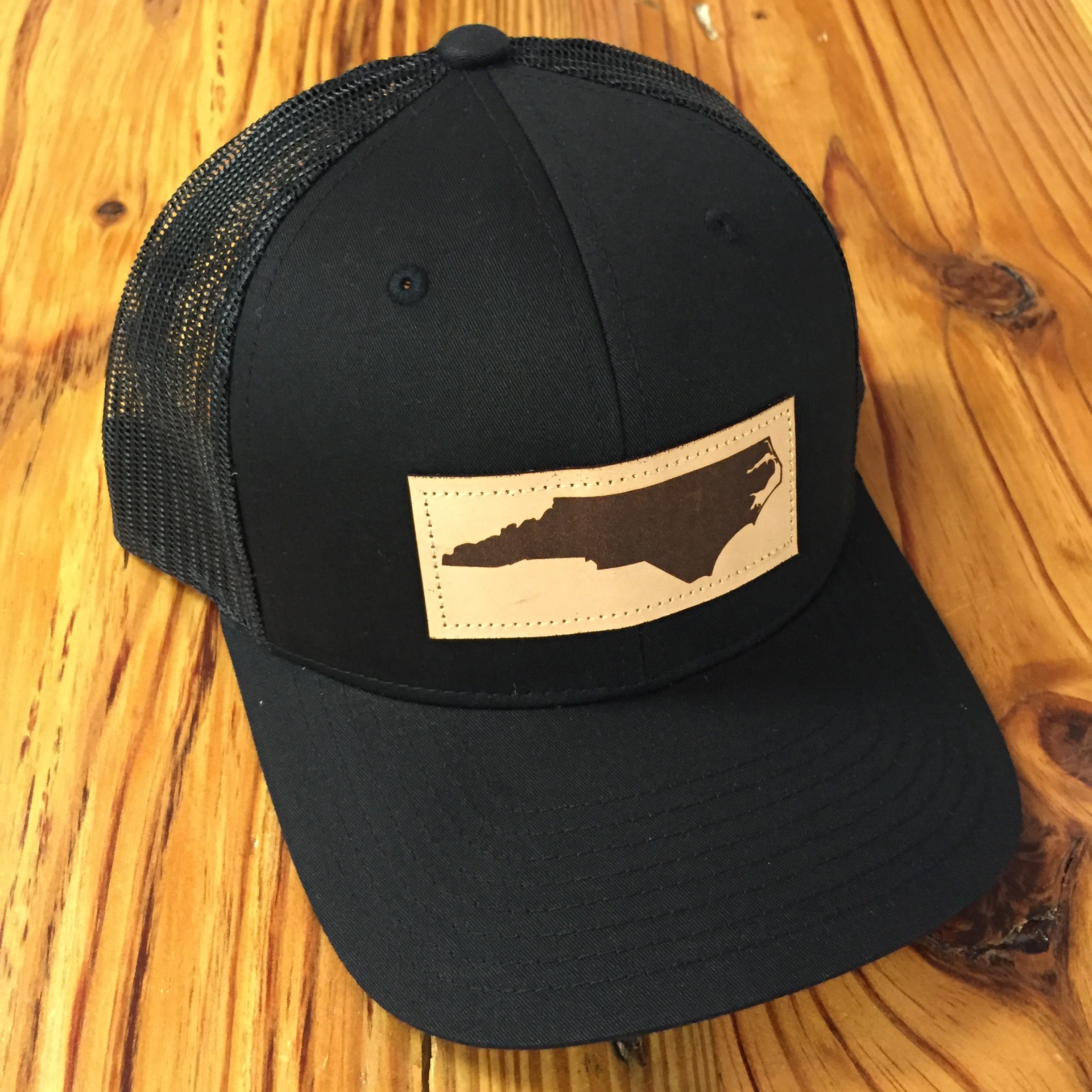 pic North Carolina Leather Patch Hat north carolina leather patch nc trucker hat heather grey black etsy